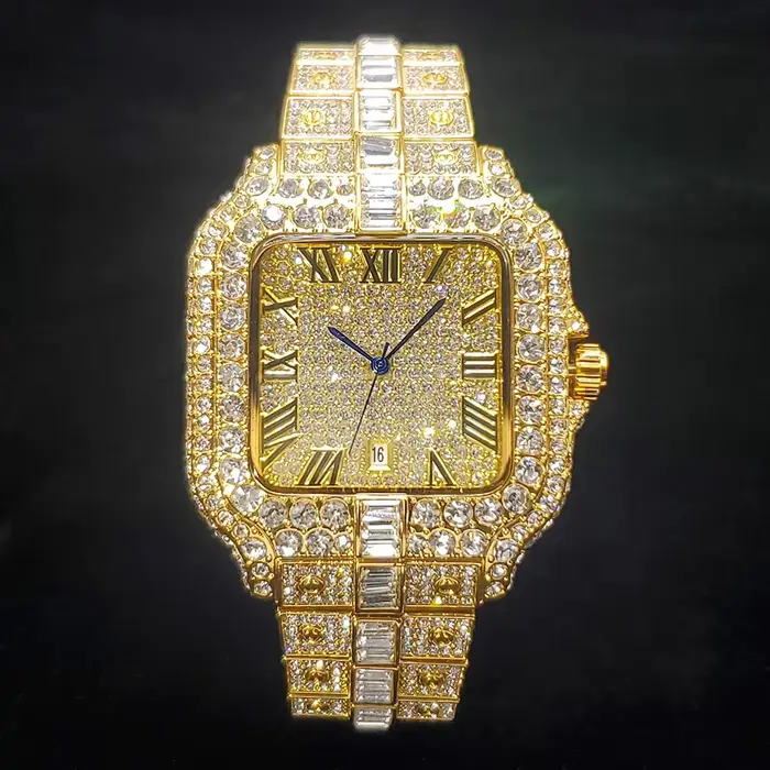 Montre Luxueuse en Or Rose pour Homme, Entièrement en Diamant, Iced Out Quarz, Mode Hip Hop, Bijoux,