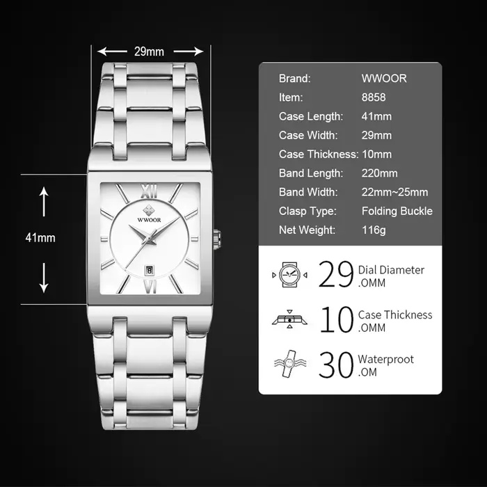 WWOOR – montre carrée blanche pour hommes