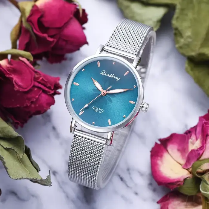 Esthétique femmes montres de luxe argent populaire cadran rose fleurs métal dames Bracelet Quartz horloge mode