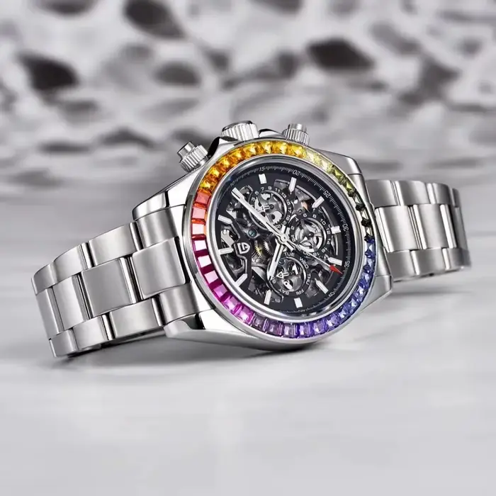 Montre mécanique automatique pour homme PAGANI DESIGN avec lunette sertie de pierres précieuses colorées
