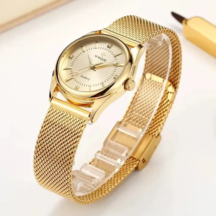 WWOOR marque de luxe robe montre en or dames élégant diamant petites montres à Quartz pour femmes en acier maille horloge zegarek damski