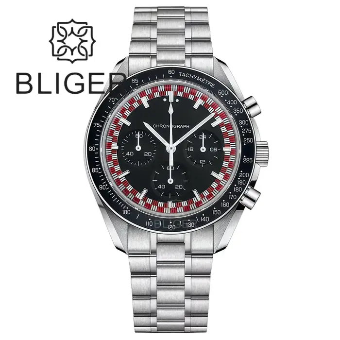 BLIGER 39mm Vintage lune chronographe montre pour hommes VK63 mouvement à Quartz en acier inoxydable bulle cristal étanche vert lumineux