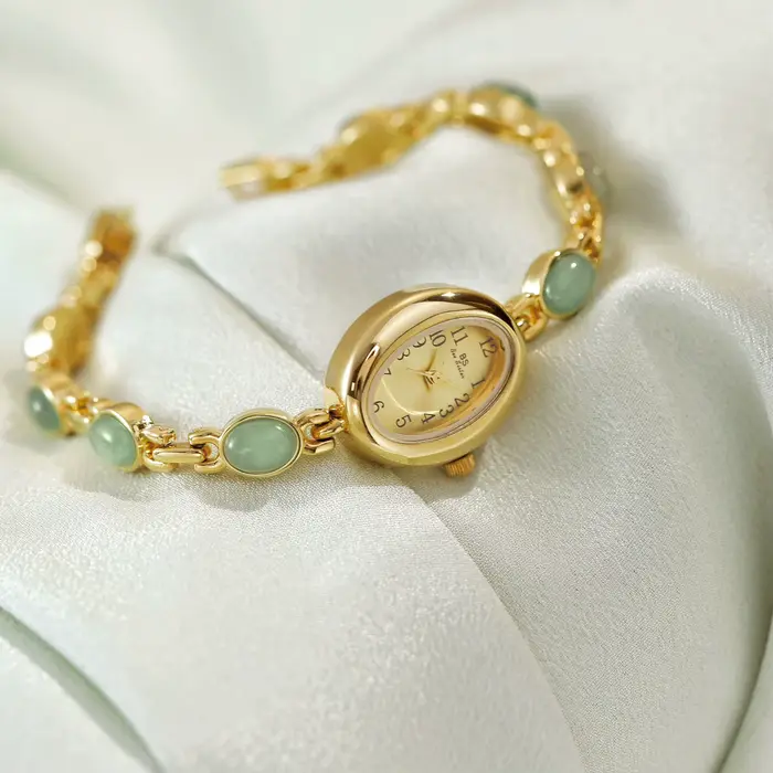 Montre à Quartz Femme 2026 de Luxe Rétro avec Pierre Naturelle Dongling et Jade Hotan Étanche Bracelet en Alliage pour Femmes Occasions Spéciales