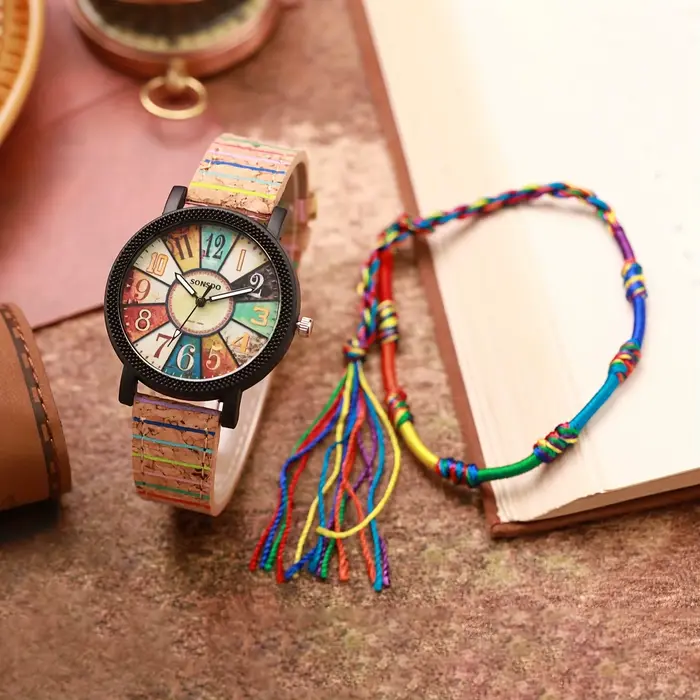 2 pièces/ensemble montre pour femme Vintage Bracelet en cuir analogique Quartz