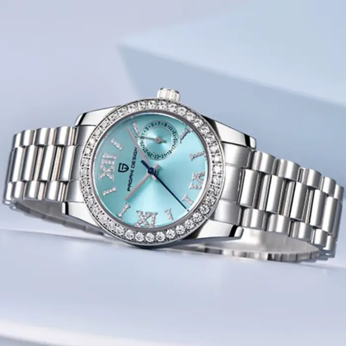 Montre élégante en acier inoxydable avec cristal de saphir pour femmes, résistante à l'eau et idéale pour les occasions spéciales et le quotidien
