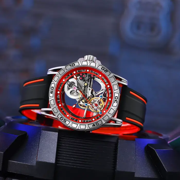 Dulunwe montre mécanique pour hommes 46MM fenêtre cadran creux remontage automatique mode rouge sport 30M