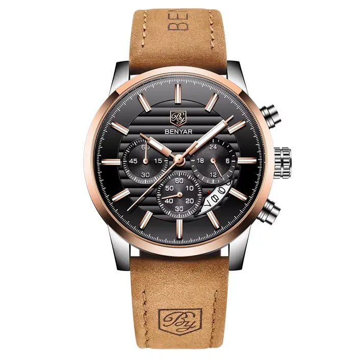 BENYAR-Montre-bracelet à quartz pour homme, montre militaire de luxe, bracelet en cuir, chronographe