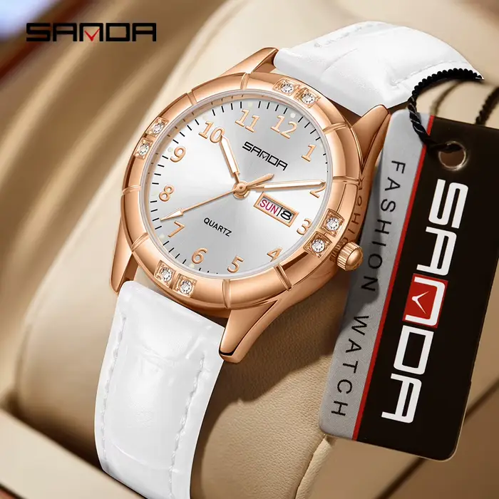 Nouvelle montre à quartz coréenne vintage en cuir à double calendrier pour femme
