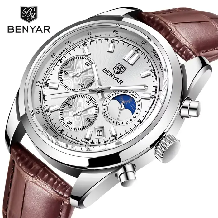 BENYAR nouveaux hommes montre 30ATM étanche en acier inoxydable montres à Quartz de luxe en cuir militaire chronographe