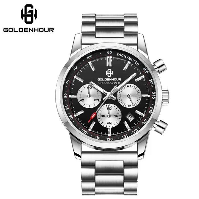 Montre GOLDEN HOUR en acier inoxydable avec fonction chronographe lumineuse et résistance à l'eau pour homme occasions spéciales et mode décontracté