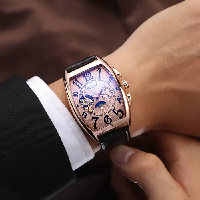 Montre mécanique automatique creuse de luxe hommes Tourbillon horloge mode bracelet en cuir souple montres d'affaires mâle Relogio Masculino