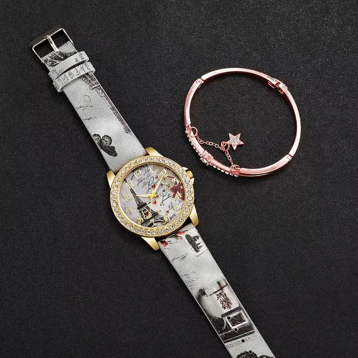 Montre à quartz avec bracelet en cuir PU pour femme