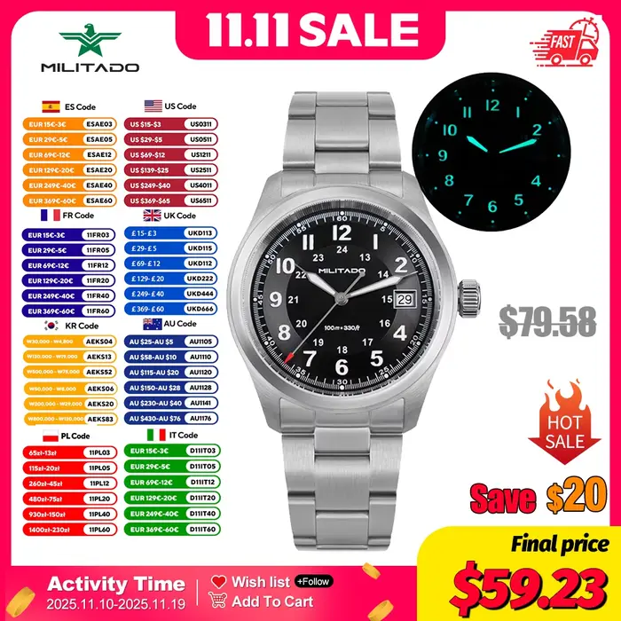 Militado ML08 montre à Quartz Ronda 515 mouvement dôme saphir montre-bracelet BGW9 lumineux 10Bar étanche 38mm montres Vintage