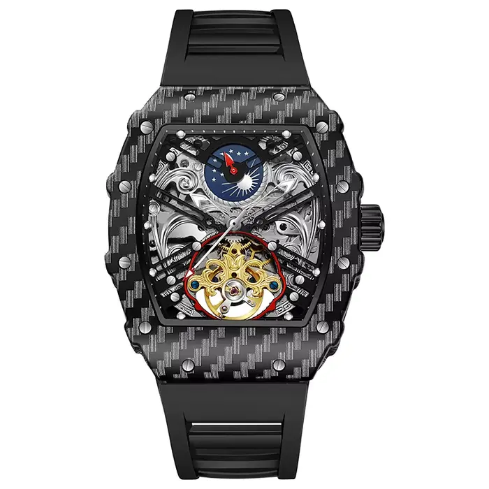 Montre mécanique dulunwe homme avec tourbillon squelette résistante à l'eau pour hommes luxe occassions spéciales quartz acier inoxydable silicone