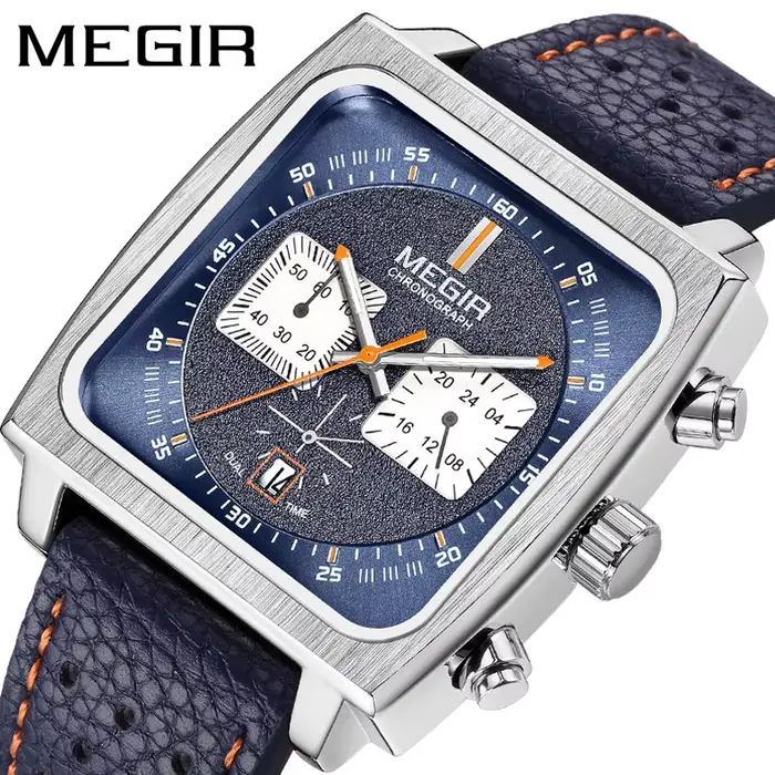 MEGIR 2182 cadran carré montre à Quartz pour hommes mode et élégant Date d'affaires chronographe bleu noir bracelet en