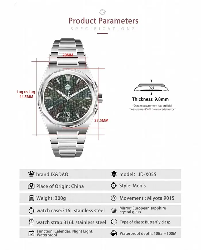 IX & DAO 2025 nouvelle montre mécanique automatique pour hommes Warrior 37mm mouvement Miyota 9015 saphir acier inoxydable étanche 10Bar BGW