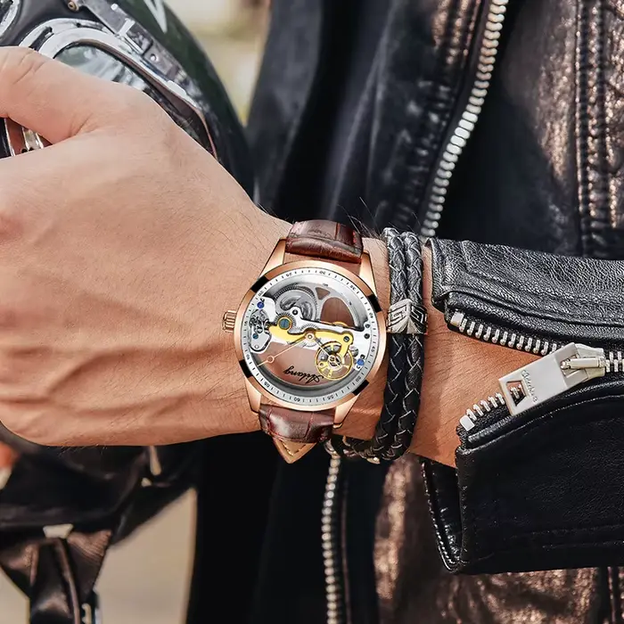 AILANG hommes montres haut de gamme de luxe squelette Steampunk montre mécanique mode cuir automatique creux