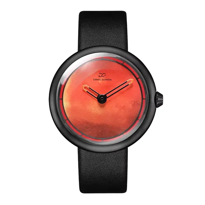 Montre Mars Dial avec boîtier en acier inoxydable - Verre double dôme, bracelet en cuir, cadeau unis