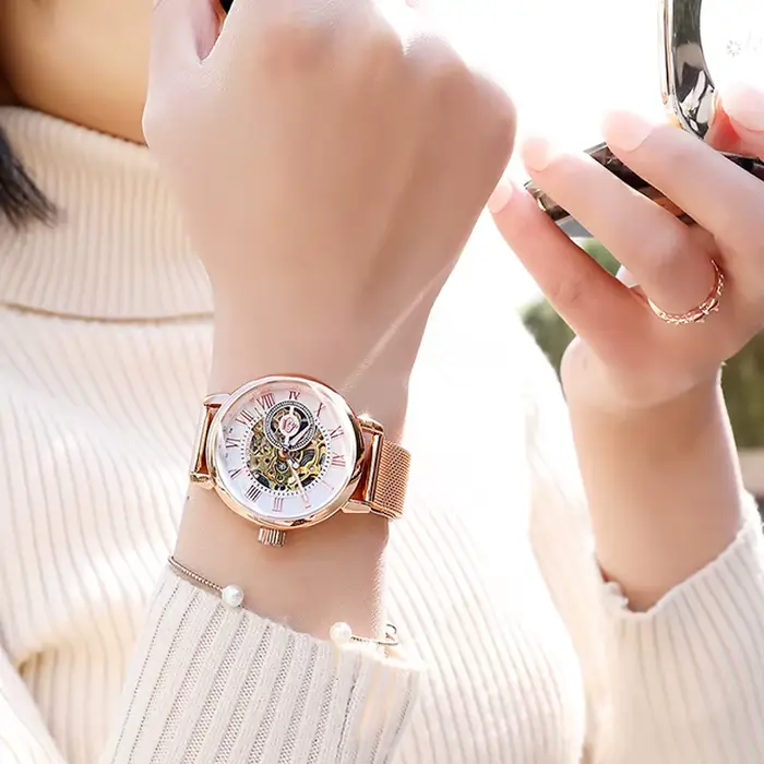 ORKINA marque de luxe squelette conception étanche automatique mécanique en acier inoxydable maille bracelet or Rose montre-bracelet pour les femmes