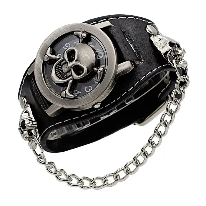 Montre à quartz tête de mort en cuir noir pour homme
