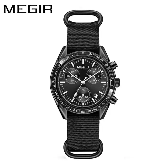 Nouvelle montre sport noire chronographe MEGIR résistante à l'eau avec calendrier complet et lunette luminescente pour homme occasions spéciales