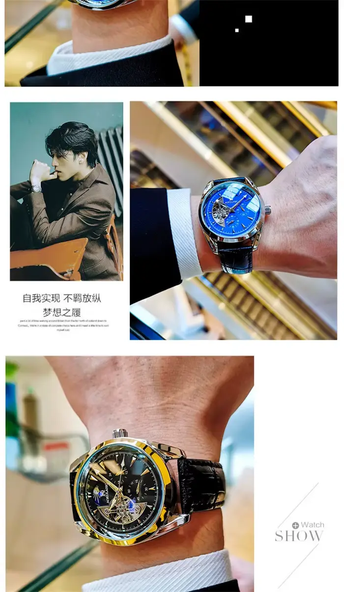 Montre mécanique automatique AOKULASIC pour homme résistante à l'eau et robuste pour occasions spéciales et détails de mode militaire et sportif