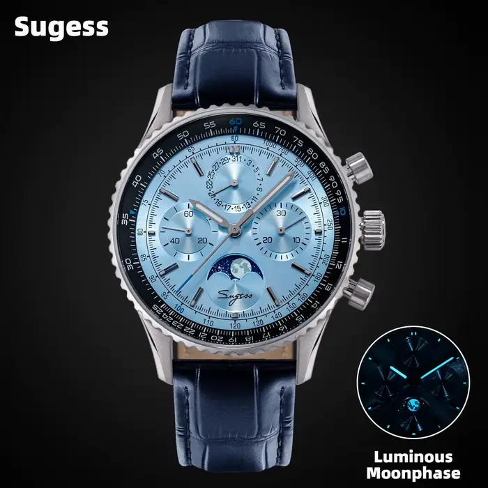 Sugess chronographe montre d'homme ST1908 mouvement à col de cygne mécanique phase de lune montres étanche calendrier Vintage nouveau S468