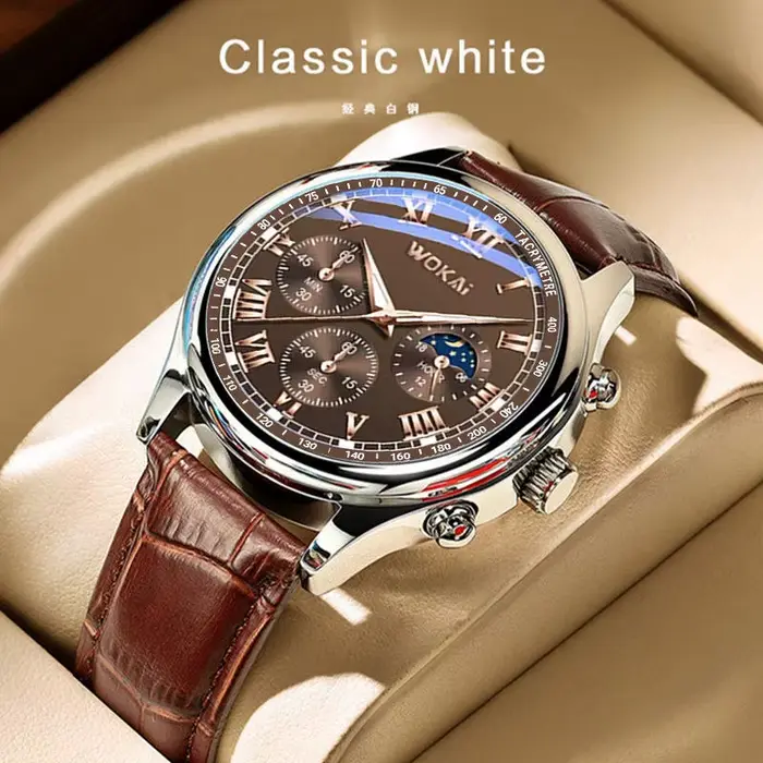 Montre homme en acier inoxydable avec bracelet en cuir marron pour hommes élégants et décontractés toutes occasions