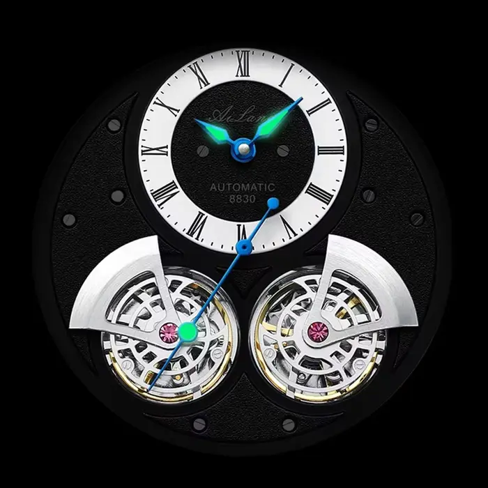 Montre mécanique Daniel Gorman pour homme à double tourbillon rotatif, mouvement automatique, résistante à l'eau, montre pilote avec affichage squelette et numérotation romaine pour homme