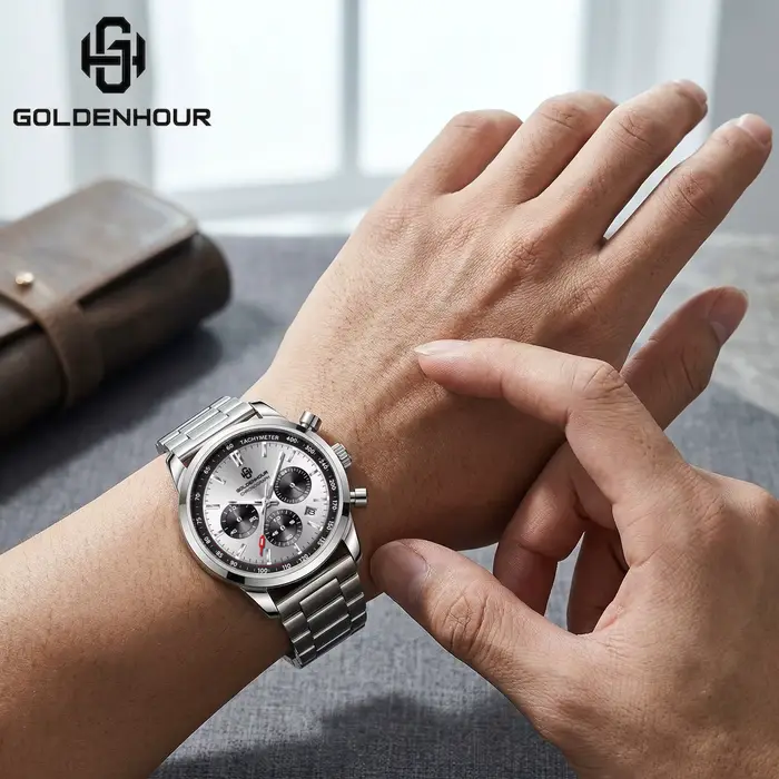 Montre GOLDEN HOUR en acier inoxydable avec fonction chronographe lumineuse et résistance à l'eau pour homme occasions spéciales et mode décontracté