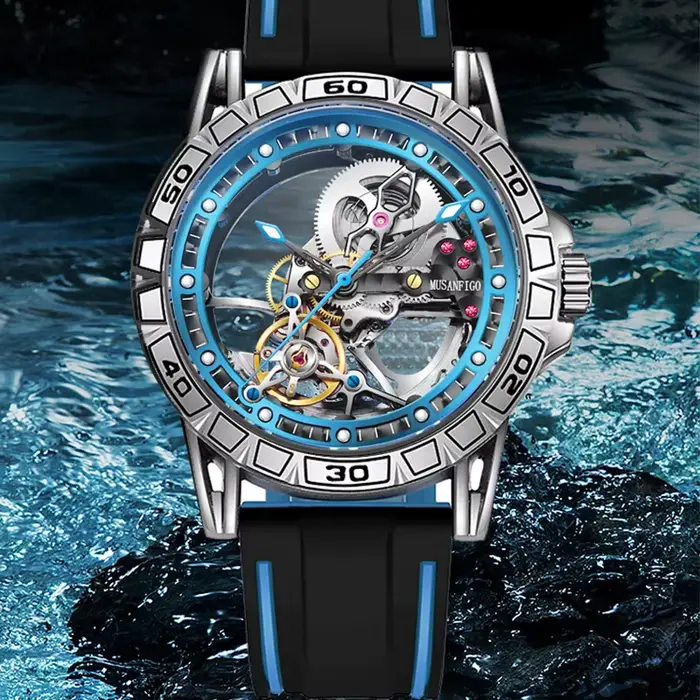 MUSANFIGO montre pour hommes entièrement automatique évidée avec mouvement mécanique