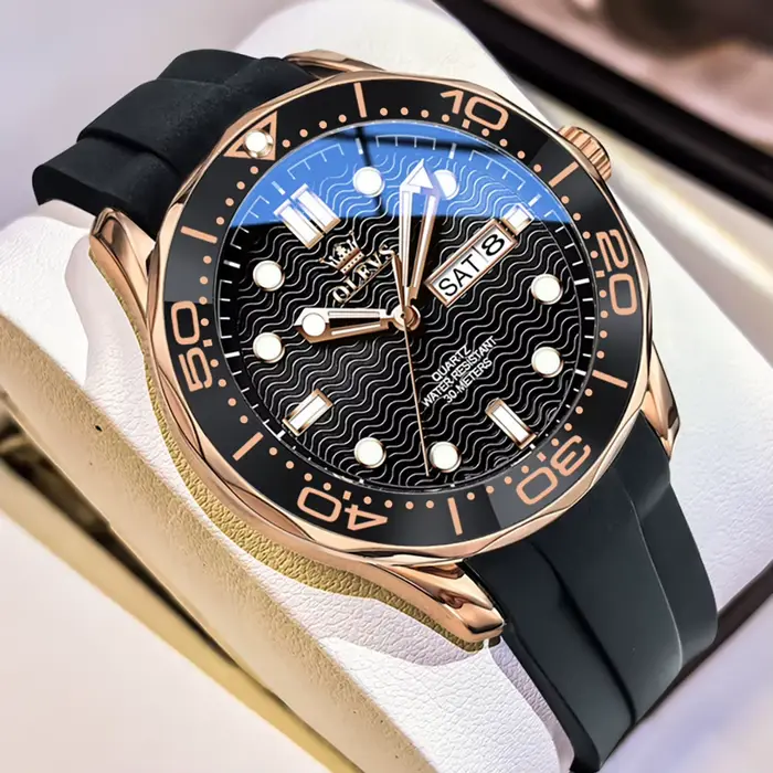 Montre OLEVS à Quartz pour Hommes, Lumineuse, Étanche à 30M, Bracelet en Silicone, Boîtier en Acier Inoxydable, Pour Pilotes et Activités Extérieures