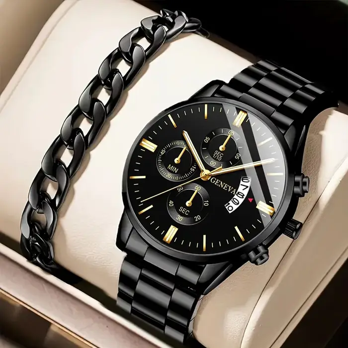Mode hommes Montre en acier inoxydable calendrier de luxe Montre-bracelet à Quartz