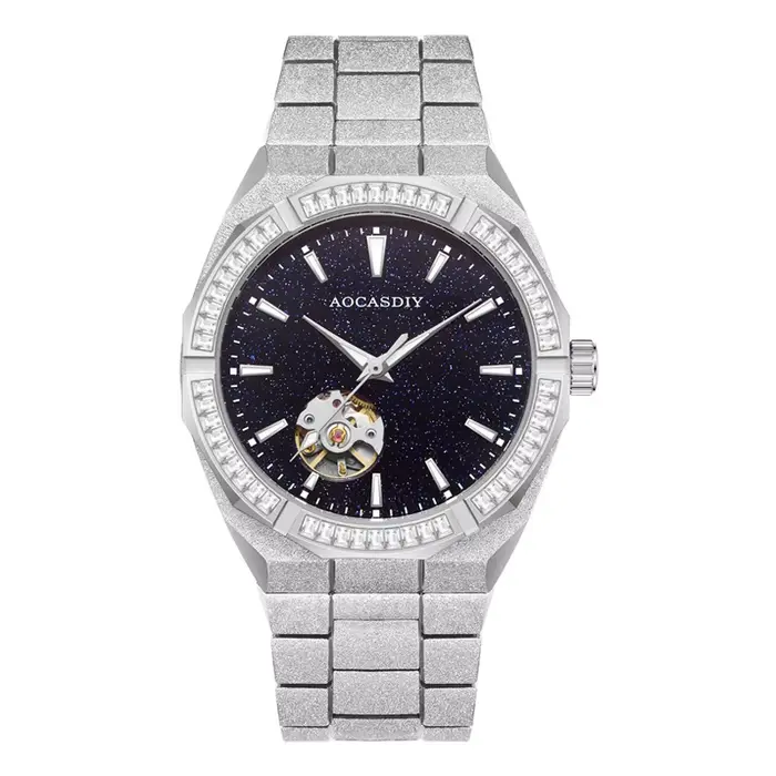 Montre mécanique automatique squelette de luxe pour hommes, bracelet en acier givré, cadran ciel éto