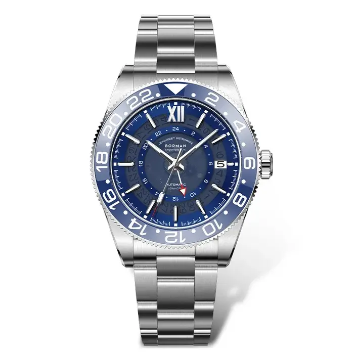 Montre homme Borman automatique GMT résistante à l'eau avec bracelet en acier inoxydable et lunette en céramique pour homme occasions spéciales