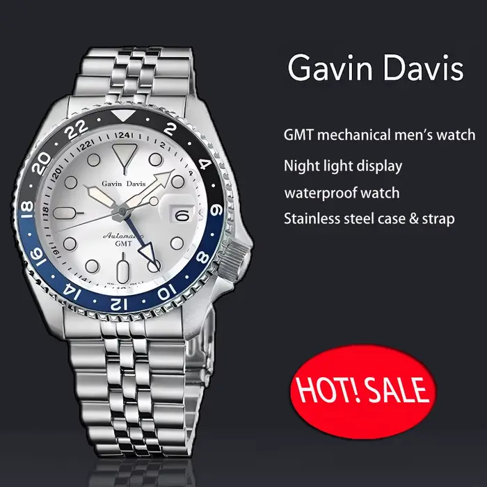 Gavin Davis Montre automatique GMT pour homme en acier inoxydable | Montre-bracelet mécanique étanche | Double fuseau