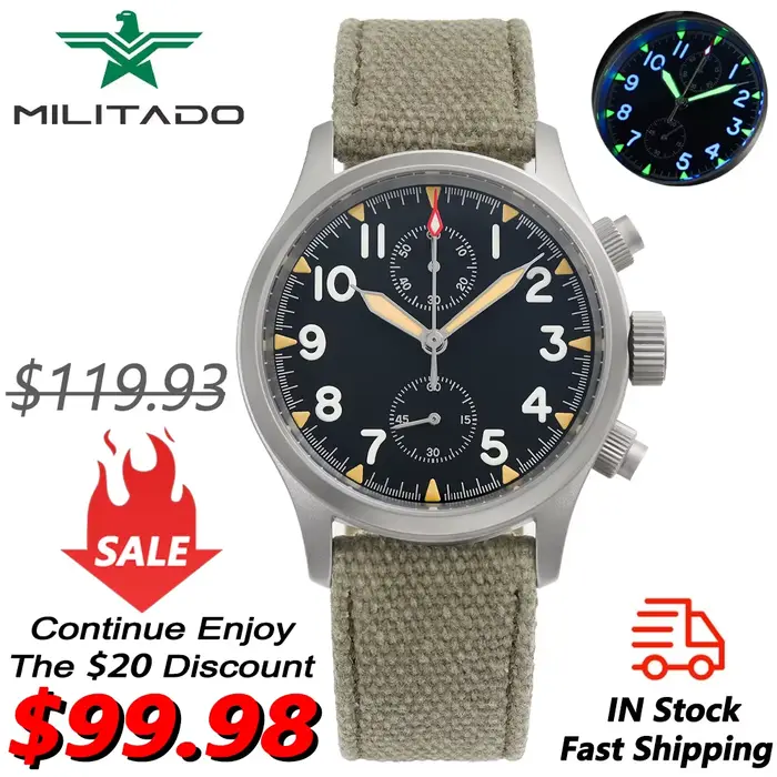 Militado ML1868 montre VK61 mouvement à Quartz 100m montres étanches hommes en acier inoxydable chronographe saphir cristal montre-bracelet