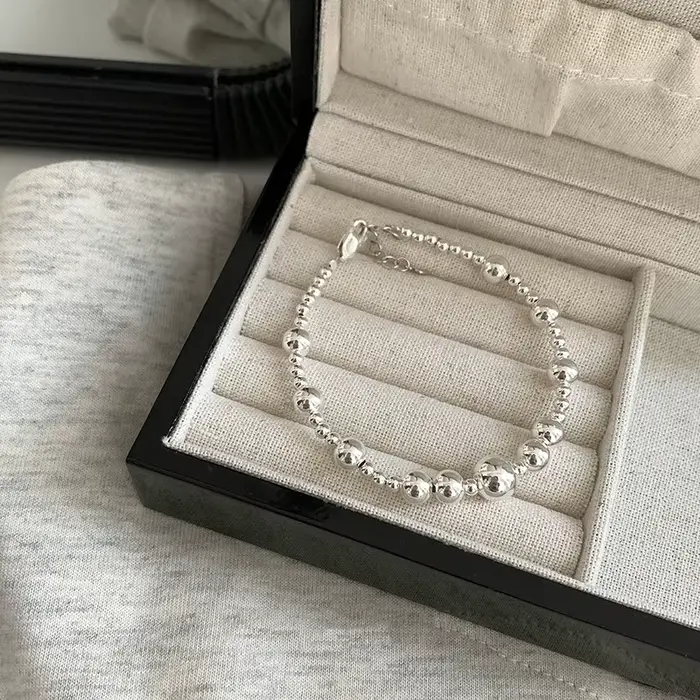 Bracelet en argent regardé 925 pour femme, perles de boule irrégulières, poli, punk, géométrique, mo