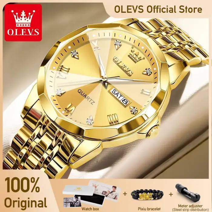 OLEVS montres pour hommes or Original montre-bracelet à Quartz étanche montre lumineuse pour homme losange miroir Date semaine robe de luxe
