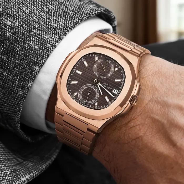 NAVIFLZ NFVZ 2025 Nouvelle Montre Classique Homme Or Rose Marron Montre à Quartz de Luxe pour Homme en Acier Inoxydable avec Verre Saphir