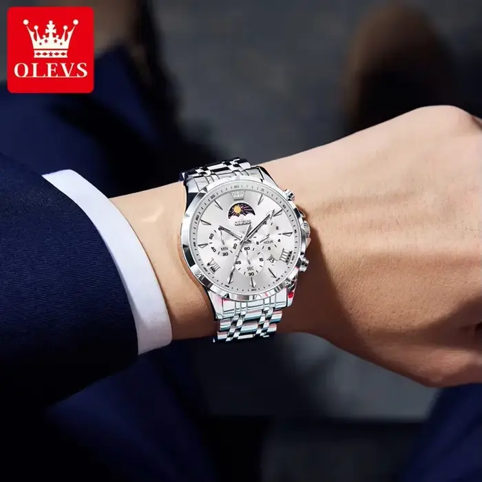 Montre homme OLEVS Top Moon Phase Fashion acier inoxydable étanche classique quartz avec calendrier lumineux et phase de lune pour toutes occasions