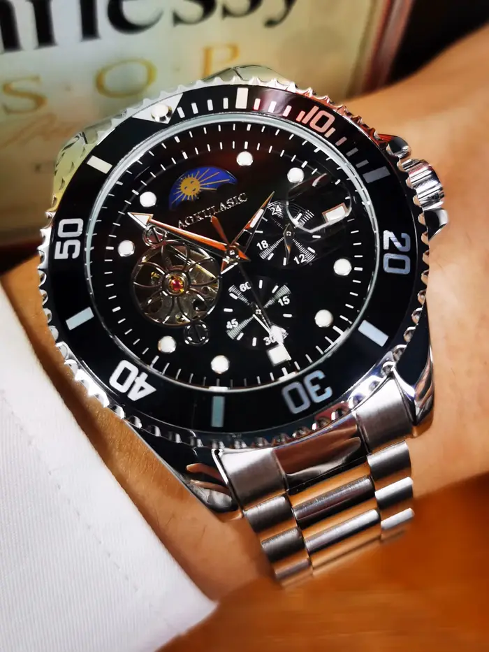 Tourbillon Phase de lune squelette montres mécaniques lunette rotative cadran lumineux luxe automatique montre pour hommes bracelet en acier inoxydable