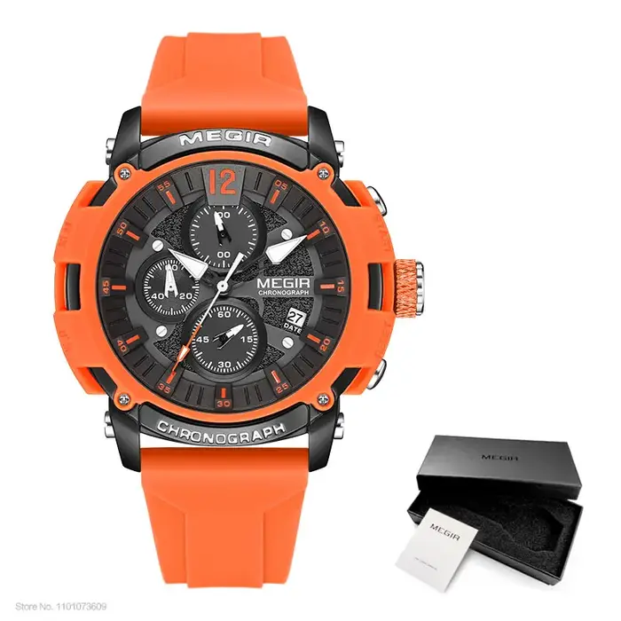 MEGIR Orange Sport montres pour hommes mode étanche lumineux chronographe Quartz montre-bracelet avec Date automatique bracelet en Silicone 2208