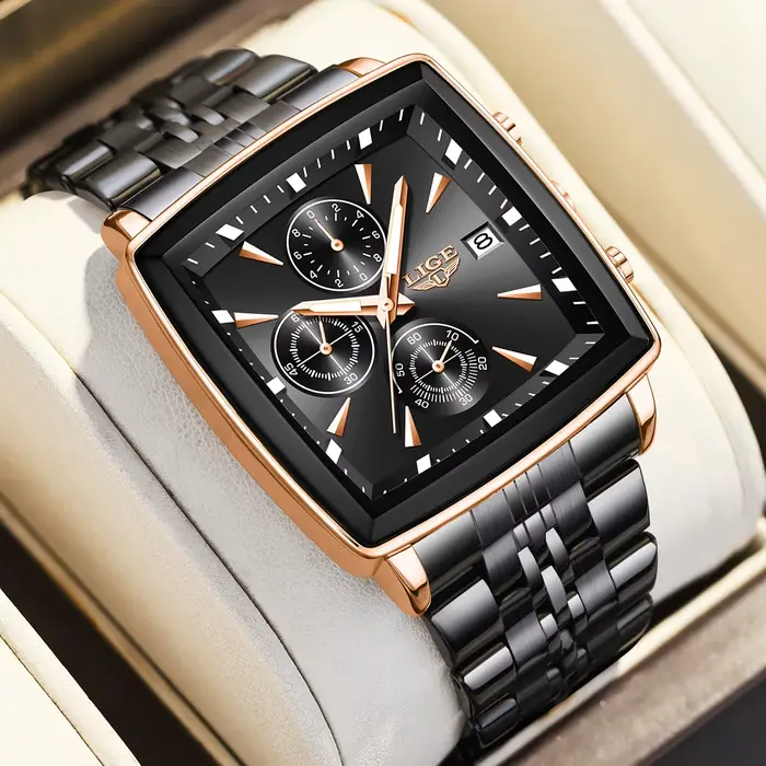 Montre homme LIGE avec cadran carré acier inoxydable étanche chronographe auto date pour hommes occassions diverses
