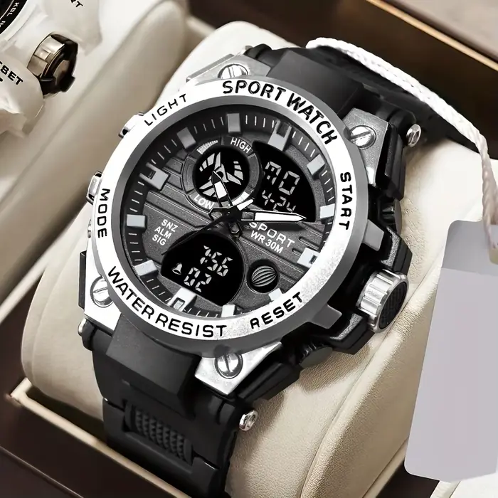 Montre multifonctionnelle de luxe avec double mouvement analogique-digital pour homme, résistante à l'eau, en alliage avec bracelet en caoutchouc, pour diverses occasions