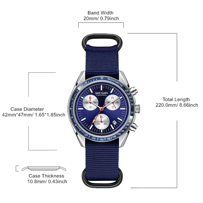 Montre MEGIR Quartz Luxe Hommes Bracelet Toile Bleue Sport Chronographe Lumineux Étanche Occasions Spéciales