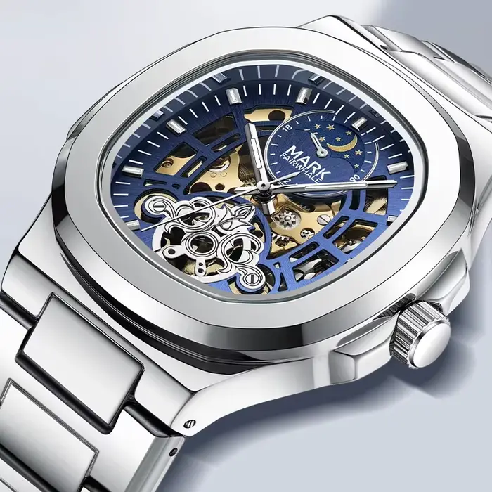 Mark Fairwhale marque Tourbillon squelette de luxe affaires montre automatique homme carré étanche Phase de lune montres mécaniques hommes
