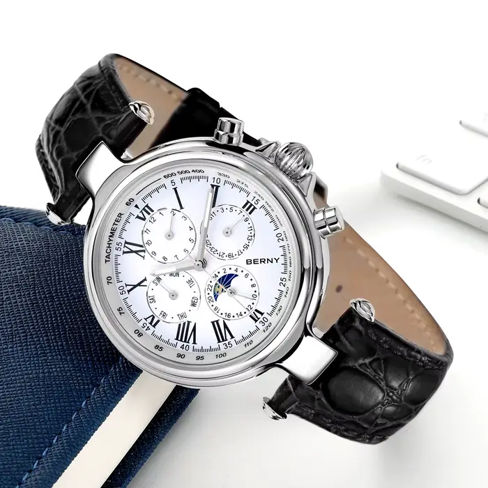 Montre automatique homme BERNY avec mouvement automatique à remontage automatique et bracelet en cuir pour occasions sportives et élégantes