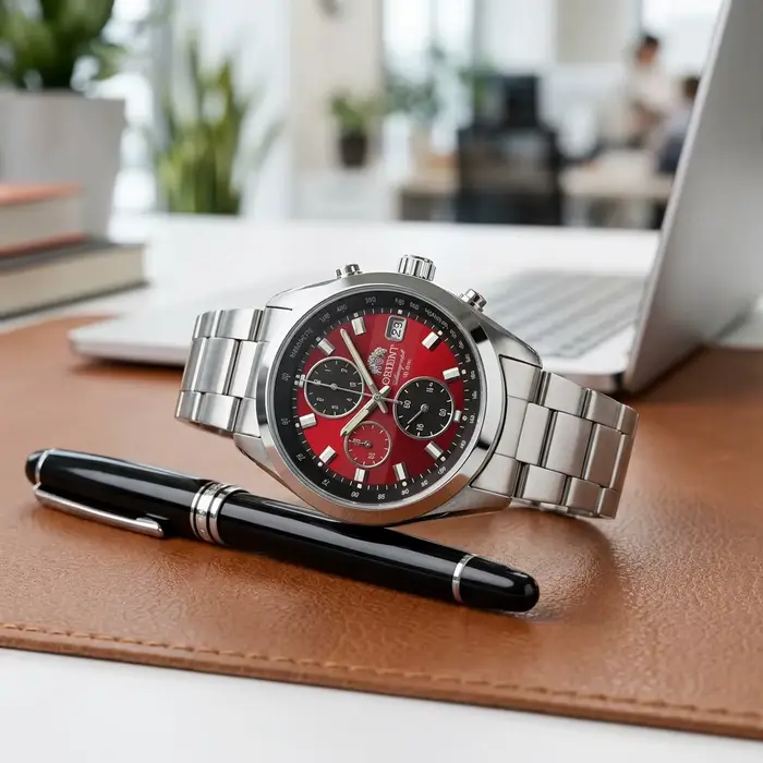 Montre chronographe quartz pour homme Orient acier inoxydable avec date et tachymètre résistante à l'eau pour occasions sportives et professionnelles