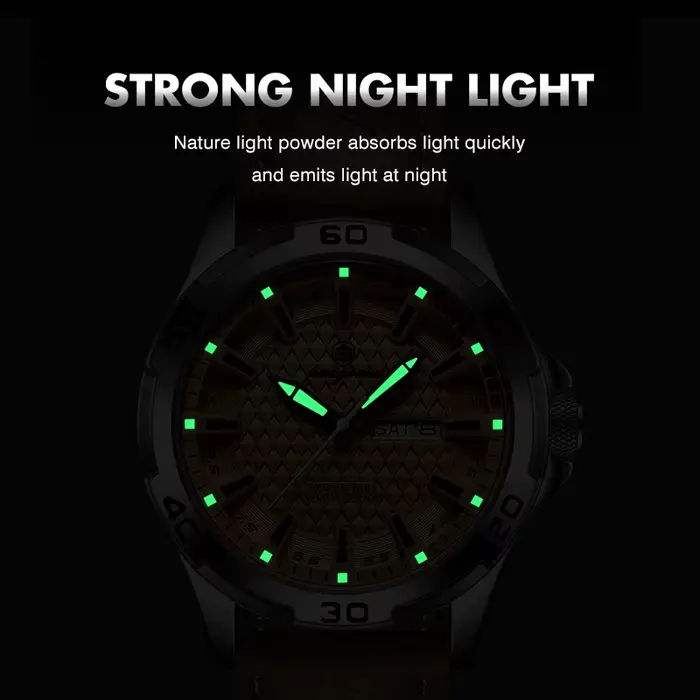 Montre PAAZOMU en alliage avec bracelet en cuir pour homme, résistante à l'eau, design luxueux et militariste, mouvement à quartz, calendrier complet, mains luminescentes